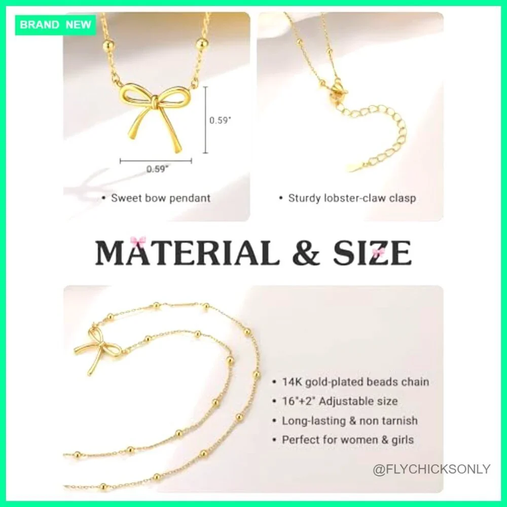 Gold Plated Bow Necklace with Beaded Chain for Girls